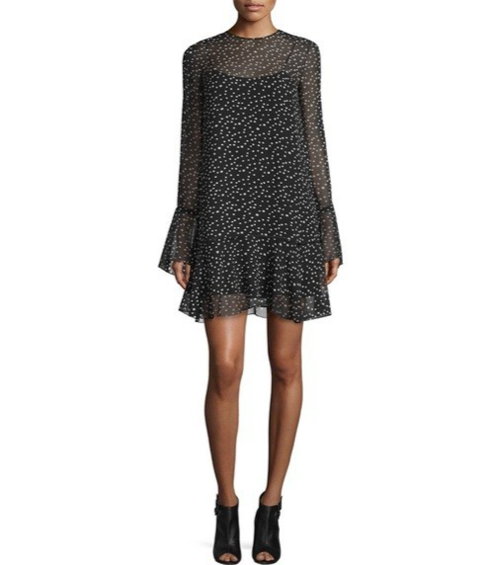 Theory Marsh Starry boho 100% Silk Dress Black Sheer Long Sleeve Sz 12 A010596